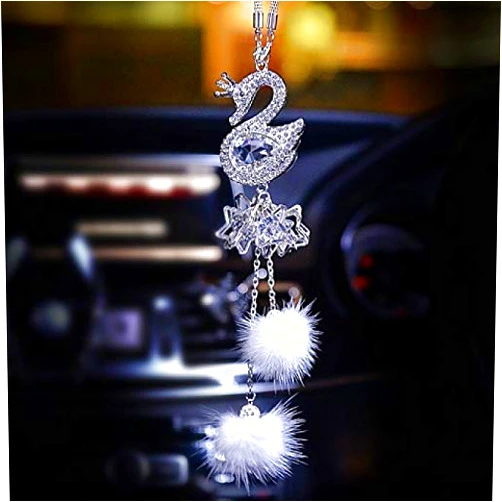 HUANGHEXIANG Bling Women and Man Crystal Ornaments Car Rear View Mirror Ornament Car Pendant Lucky Crystal Window Hanging Car Accessories Fox Hair with Crystal Diamonds Car Decoration (Swan Ball)