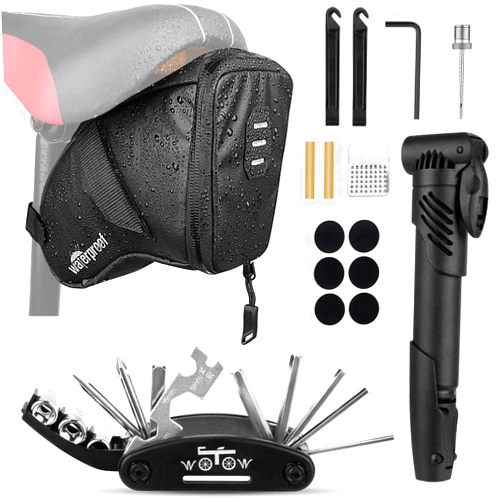 WOTOW Bike Tyre Repair Kits, Waterproof Bicycle Saddle Bag & 120 Psi Mini Pump & Multifunctional Bike Tyre Lever & Self Adhesive Patch Portable Repair Cycling Tool Set for Riding Mountain BMX