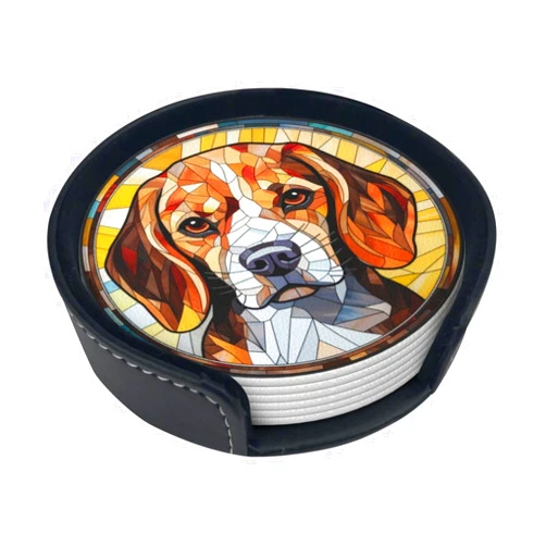 TOMASLINK Drink Coaster Set of 6, Beagle Dog Mom Lover Gift,Leather Drink Coasters with Holder,6 Pack Cup/Bar/Drink Coasters for Table/Drinks/Coffee Protection Housewarming Gift