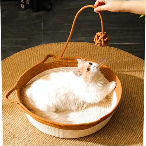 JIALI7SEC Handwoven Cotton Rope Cat Bed Cat Hammock Foldable Sleeping Nest Basket Handmade Natural Cradle Scratcher Cuddler for Kitten Cute Style with a Playing Rope Ball