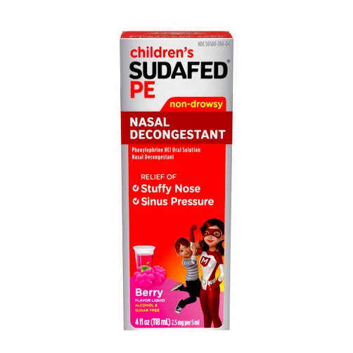 Sudafed Children's PE Nasal Decongestant, Liquid Cold Relief Medicine with Phenylephrine HCl, Alcohol Free and Sugar-Free, Berry-Flavored, 4 fl. oz