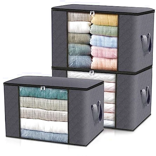 HomeHacks Storage 3-Pack Clothes Organizer Storage Bags Foldable Storage Box with Large Clear Window Sturdy Handles for Closet, Dorm, Pillows, Bedding, Clothes, Stuffed Toys, Blankets, 100L, Grey