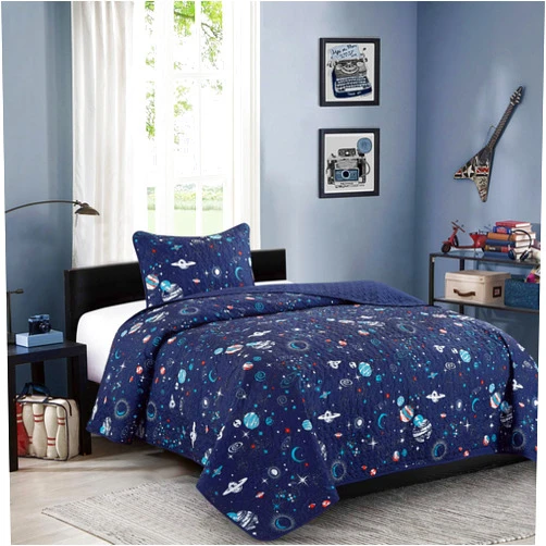 WPM WORLD PRODUCTS MART Blue Planet Universe Theme Kids Quilt Set Toddler Stars Space Galaxy Rocket Design Twin Size for Toddler Bed Bedspread with Pillow Shams (Pandora, Twin)
