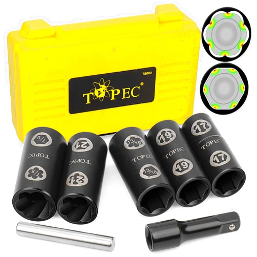 Topec Flip Edition Wheel Lock Removal Kit, 7-Piece Locking Lug Nut Removal Tool, 1/2” Drive Lug Nut Remover for Stripped Tire Bolts and Lug Nuts, 2-IN-1 Extractor Socket Set