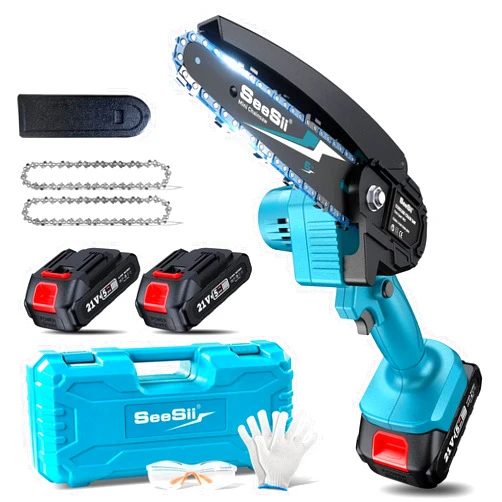Seesii Mini Chainsaw Cordless 6-inch, Handheld Electric Power Chain Saw with 2 Batteries, for Tree Trimming Wood Cutting, Best Gifts for Dad, Husband