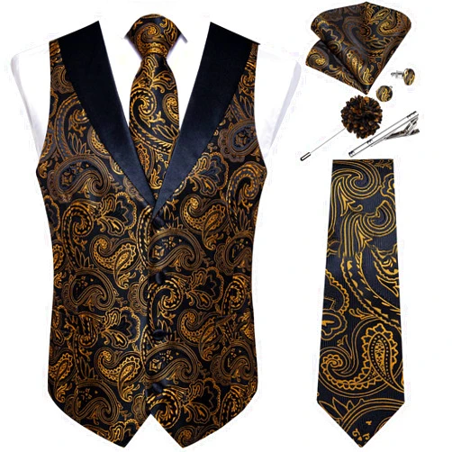 DiBanGu Mens Paisley Suit Vest Silk Jacquard Waistcoat and Necktie Set Formal Shawl Collar Dress Vest 7PCS for Wedding Party