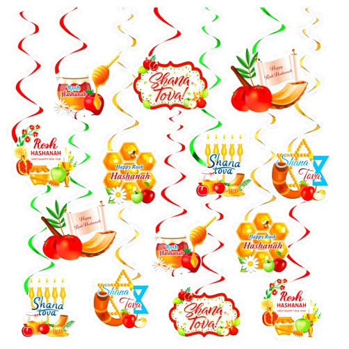 TENCOW Jewish New Year Hanging Swirl Decorations Happy Rosh Hashanah Shana Tova Ceiling Hanging Swirls Honey Apple Pomegranate Bread Jewish Holiest Day Celebration Supplies for Indoor Outdoor Decor (28)