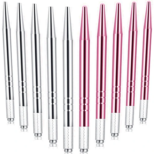 Chumia 10 Pieces Microblading Pens Manual Eyebrow Pens Microblade Pen Aluminum Microblading Hand Tools Light Manual Microblade Tool Microblade Holder for Makeup Supplies Salons,2 Colors(Silver, Pink)