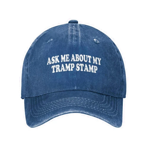 Diputer Funny Ask-Me-About-My-Tramp-Stamp-Trucker Hat Women College Beer Silly Party Hats Novelty Retro Snapback Baseball Cap Navy Blue