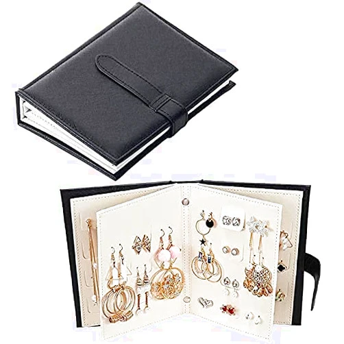 Sanzeon Earring Book Design Portable Earring Holder Travel Jewelry Organizer Case For Earring (Black)
