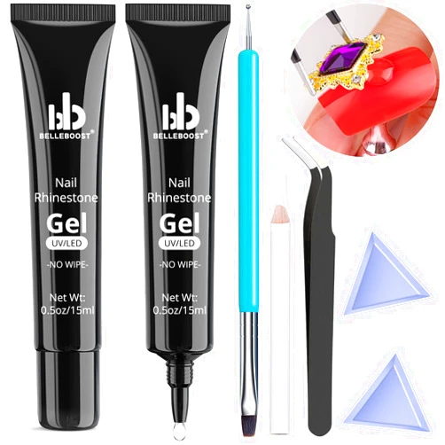 BELLEBOOST 2 PCS 15ml NO Wipe Nail Rhinestone Glue Gel with Tools Super Strong Adhesive Nail Art Gem Stone Diamond Jewelry Crystals Beads Charms Gel for Professional and Home Use(UV/LED Needed)