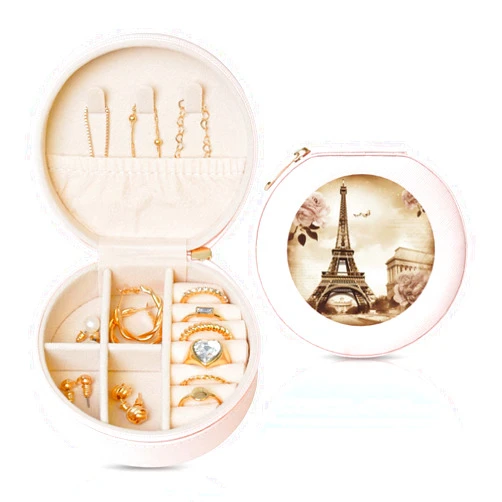 FHEDVBN Travel Jewelry Box for Women Birthday Gifts, Vintage Paris Eiffel Tower Butterfly Jewelry Case PU Leather Jewelry Organizer Small Round Display Storage Box for Rings Earrings Necklaces