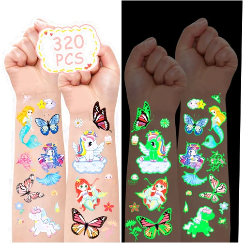 Metker Unicorn,Mermaid,Butterfly(320PCS) Kids Luminous Waterproof Temporary Tattoos,Party Supplies for Children,Glow Party Supplies Gifts Goody Bag Stuffers Party Bag Fillers