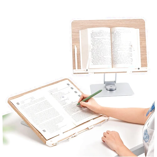ZHKXMTM Book Stand for Reading,Adjustable Holder with 360° Rotating Base，Foldable Desktop Ricer for Cookbook，book holders for reading hands free，Wooden，Adjustable Height & Angle，Movable Paper Page Clips for K