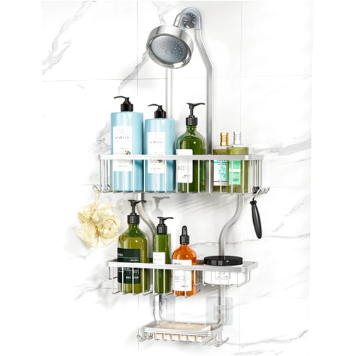 YASONIC Shower Caddy Hanging - Never Rust Shower Organizer - Aluminum Over The Shower Head Caddy with 10 Hooks for Razor/Sponge - Shower Rack with Soap Basket - Silver