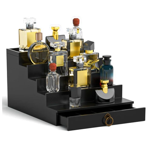 LOYUDEQIU Cologne Organizer for Men - 5-Tier Perfume Display Stand with Drawer, Premium Black Wood Storage for Fragrance Collection, Ideal Gift for Men (Black)
