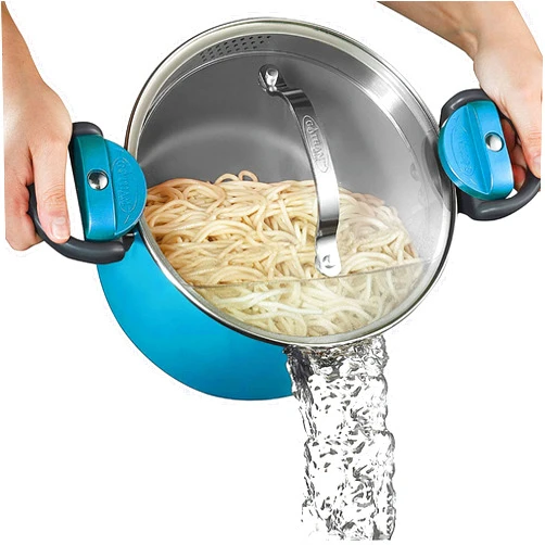 Gotham Steel 5 Quart Stock Pot Multipurpose Pasta Pot with Strainer Lid & Twist and Lock Handles, Nonstick Cooking Pot + Pasta Strainer Pots with Lid, Spaghetti Pot, Dishwasher Safe – Aqua Blue