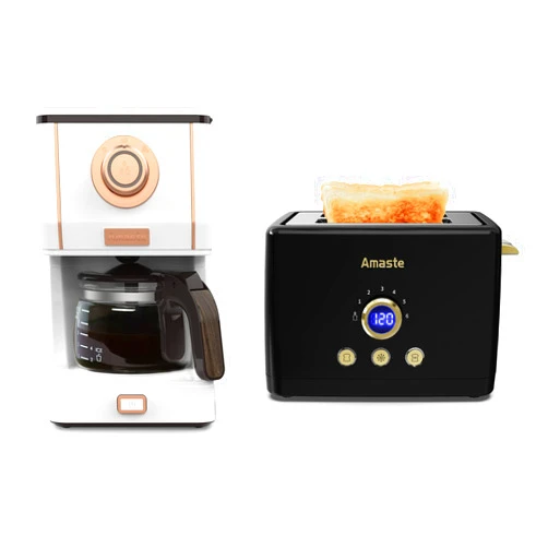 Amaste Retro Coffee Maker & Toaster Set- Elegant White with Rose Gold & Arabica Black