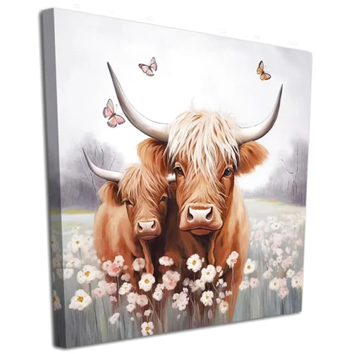Anolyfi Bathroom Highland Cow Canvas Wall Art Rustic Flower Farmhouse Picture Animal Landscape Painting Abstract Textured Artwork Framed for Bedroom Living Room Kitchen Office Home Decor 20