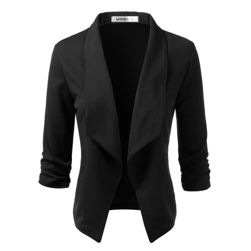 DOUBLJU Ruched 3/4 Sleeve Open Front Draped Blazers Business Casual Basic Work Jackets for Womens Clothes with Plus Size