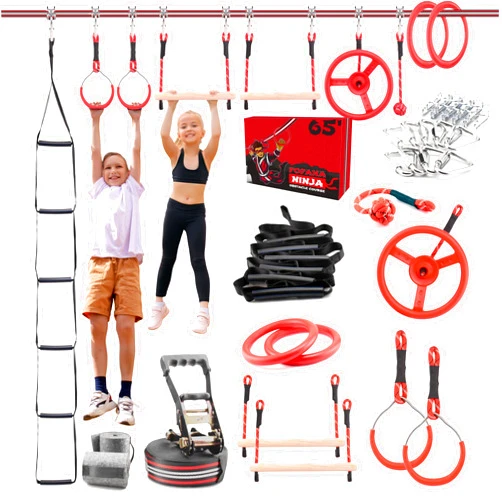 Fofana Ninja Warrior Obstacle Course for Kids – 32-Piece Backyard Playset, 9 Fun Training Obstacles, 65 Ft Slackline Kit Accessories - Outside Line Ninja Kids Toys, Outdoor Play Equipment
