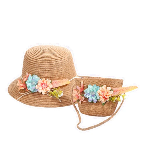 Generic Toddler Baby Girls Wide Brim 𝐒traw Sun Hat with Shoulder Bag Set Cute Flower Beach Cap Sunshade Hat Purse
