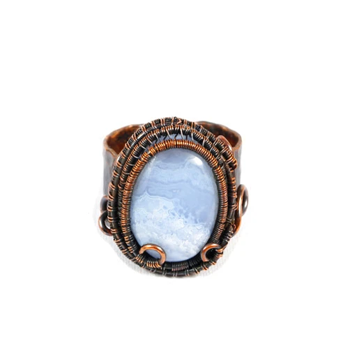 Handmade Patinated copper ring with striped agate, wire wrapped gift for him, gift for her gift for mom perfect present unique artisan handcrafted jewelry 7.5-10 US