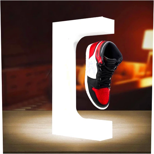 FloatGo Levitating Sneaker Display Magnetic Floating Shoe Stand Magnet Levitation Acrylic Holder Rotation Shelf Spinning Shoe Rack with LED Light Fit Yeezys for Gift Decoration (White)