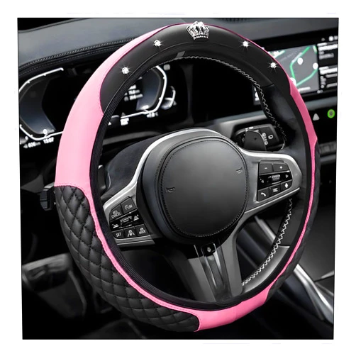 Yourkar Bling Car Steering Wheel Cover, 15 Inch Diamond Crown Leather Auto Steering Wheel Protector, Sparkly Crystal Elastic Stretch Steering Wheel Cover, Car Accessories (Pink)