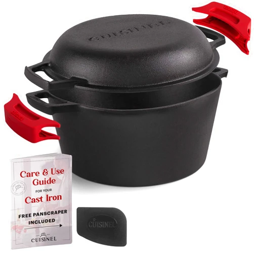 Cuisinel Cast Iron Dutch Oven - 5-Quart Deep Pot - Preseasoned 2-in-1 Multi-Cooker - Combo Lid Doubles as 10