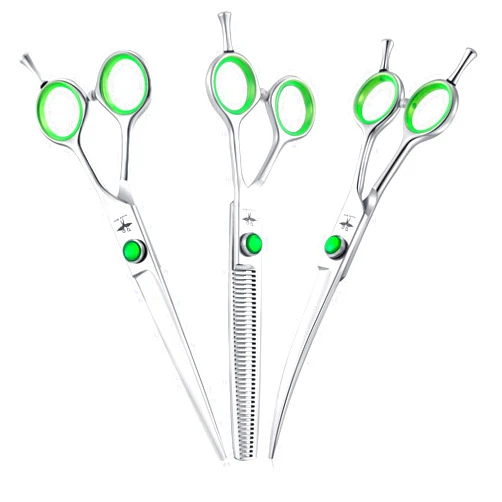 PURPLEBIRD 7 Inch Straight, Downward Curved Dog Grooming Scissors Set Professional Pet Cutting, Thinning Texturizing Shears Safety Blunt Tip Trimming Shearing Dog Cat Japanese Stainless Steel Silver