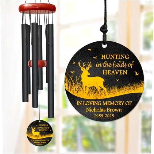 AlpadilAndCo Personalized Hunting Memorial Wind Chime – “Hunting in The Fields of Heaven” Wind Chimes– Custom Name & Years – Outdoor Sympathy Gift for Hunters, Dad, or Grandpa – Memorial Garden Décor