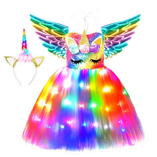 Soyoekbt Girls Unicorn Costume LED Light Up Unicorn Princess Tutu Dress for Birthday Party Halloween with Headband Wing