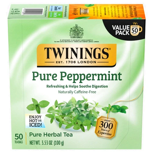 Twinings Pure Peppermint Tea - Naturally Caffeine Free, Refreshing Mint Herbal Tea Bags Individually Wrapped, 50 Count