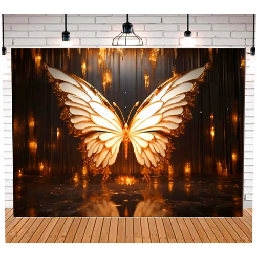 JINSHUN-US Golden Butterfly Backdrop Photography Giant Wings Backdrop Adult Baby Shower Photo Booth Birthday Background Decoration Photo Studio 8×6 Feet