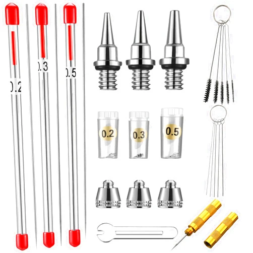 Honoson 21 Pieces Airbrush Nozzle Cap Kit Airbrush Needle Replacement Parts Airbrush Needles with Wrench and Airbrush Cleaning Kit Replacement Part for Airbrush Sprayer Accessories, 0.2/0.3/0.5 mm