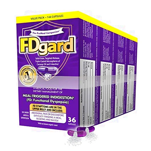 FDgard for The Dietary Management of Meal- Triggered Indigestion (FD: Functional Dyspepsia) Symptoms Including, Abdominal Discomfort, Difficulty Finishing a Meal, Bloating†*, Nausea, 144 Capsules 36 Count (Pack of 4)
