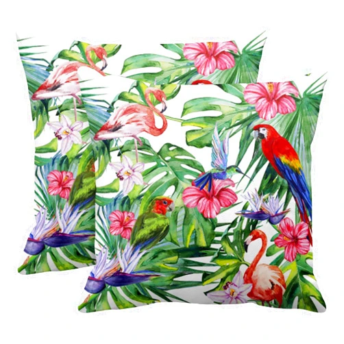 Emvency Set of 2 Throw Pillow Covers Tropical Flower Palm Tree Leaf Floral Flamingo Parrot Bird Decorative Pillow Cases Home Decor Standard Square 18x18 Inches Summer Watercolor Pillowcases