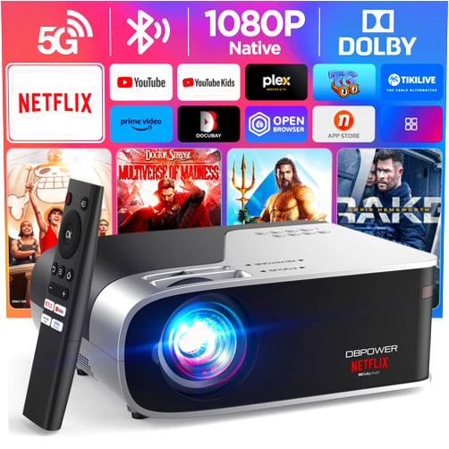 DBPOWER [Netflix Officially-Licensed] Smart Projector with 5G WiFi and Bluetooth, DBPOWER Native 1080p Projector Built-in Netflix, Youtube, Prime Video, Hulu, Disney+ Apps, 500ANSI Movie Projector with Dolby