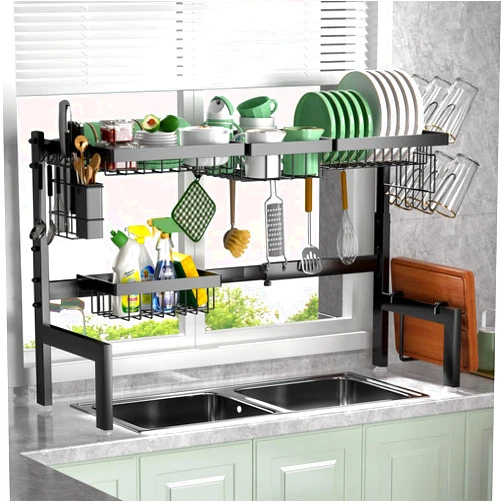 DFDNFF Over The Sink Dish Drying Rack Adjustable (Length and Height) Large Dish Rack, 2-Tier 4 Baskets Stainless Steel Dish Drainers for Kitchen Counter, 26-33.5L x 11.8W x 21.6-23.2H Inches