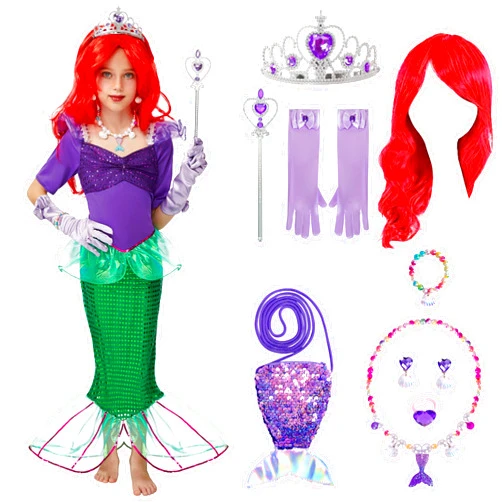 Spooktacular Creations Halloween Little Mermaid Costume for Girls, Sequin Mermaid Dress Set, Dark Purple Princess Dress for Toddler Dress-Up, Cosplay Party (Small (5-7 YRS))