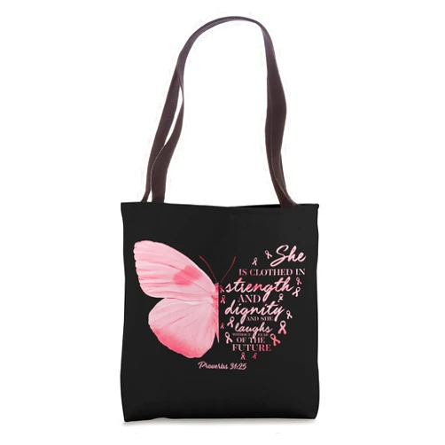 Breast Cancer Awareness by Alexis Mae Co Pink Christian Breast Cancer Awareness Butterfly Bible Verse Tote Bag