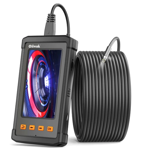 Oiiwak 50Ft Dual-Lens Endoscope Borescope, Oiiwak Sewer Inspection Camera with 4.3” IPS Screen, IP68 Waterproof Snake Pipe Drain Scope Camera with 7 Lights,32GB Card,Semi-Rigid Cable