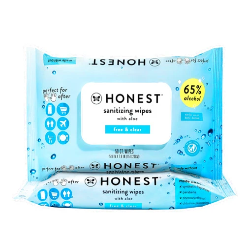 The Honest Company Fragrance Free Sanitizing Alcohol Wipes | Antibacterial + Safe for Hands | Kills 99% of Germs, Made With Aloe | 100 Count (2 Packs of 50)