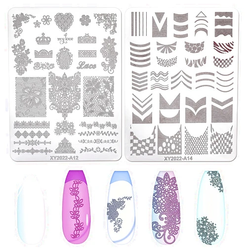 Qianyu 2Pcs Nail Stamping Plates Stainless Steel Nail Art Stamp Template Reusable Nail Decor Pattern Plates Manicure Stencils Printing Tool for Women Girls DIY Salon Design Home Supplies Accessories