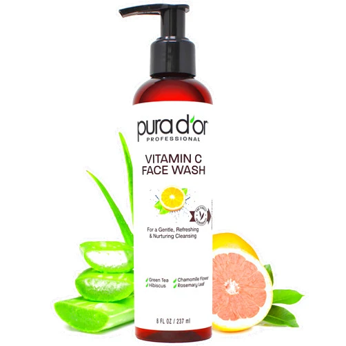 PURA D'OR 8 Oz Vitamin C Face Wash - Antioxidant Rich Brightening Facial Cleanser For Radiant Glow & Even Skin Tone - Gentle, Refreshing, Nurturing, Hydrating - Sulfate & Paraben Free - All Skin Types