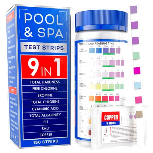 Bestprod All-New 2024 Pool and Spa Test Strips 9 in 1 Quick SuperAccurate Swimming 150 Pool Test Kit - Hot Tub Test Strips & Pool Water Testing Strips for pH Chlorine Bromine Hardness Salt Copper