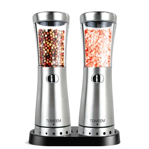 TOMEEM Electric Salt and Pepper Grinder Set with Storage Base, Stainless Steel Rechargeable Salt and Pepper Grinder Set with 4.5 oz Large Capacity, 1.8