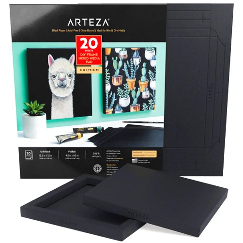 ARTEZA Mixed Media Paper Foldable Canvas Pad, 9.5x9.5 Inches, 20 Sheets, Black Paper