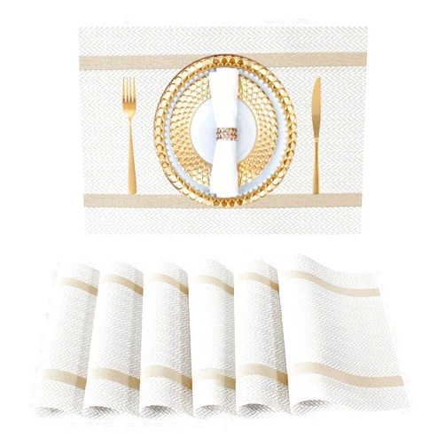 FAVE Placemats Set of 6 White Placemats Woven with Golden Thread Durable and Wipeable Vinyl Placemats Heat Resistant Table Mats Set of 6 High Texture Place Mats for Kitchen Table(White)
